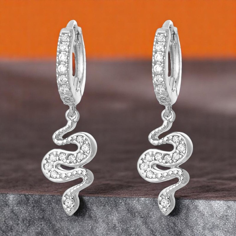 Boucles d'oreilles Mini Créoles serpent pendant serti d'oxydes de zirconium Argent 925 Rhodié Boucles d'oreilles Mini Créoles serpent pendant serti d'oxydes de zirconium Argent 925 Rhodié