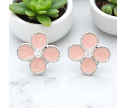 Boucles d'oreilles fleur émail rose et oxyde de zirconium Argent 925 Rhodié