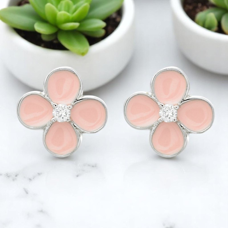 Boucles d'oreilles fleur émail rose et oxyde de zirconium Argent 925 Rhodié