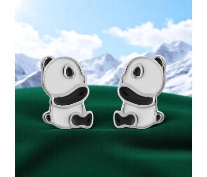 Boucles d'oreilles panda émail coloré blanc et noir Argent 925 Rhodié