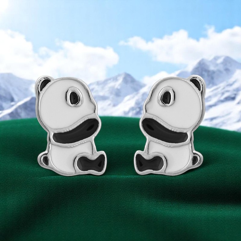 Boucles d'oreilles panda émail coloré blanc et noir Argent 925 Rhodié