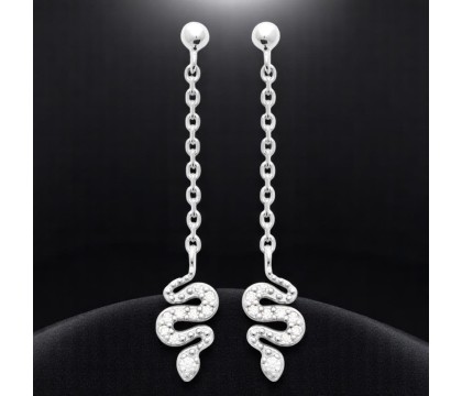 Boucles d'oreilles animal serpent serti d'oxydes de zirconiums avec chainette Argent 925 Rhodié