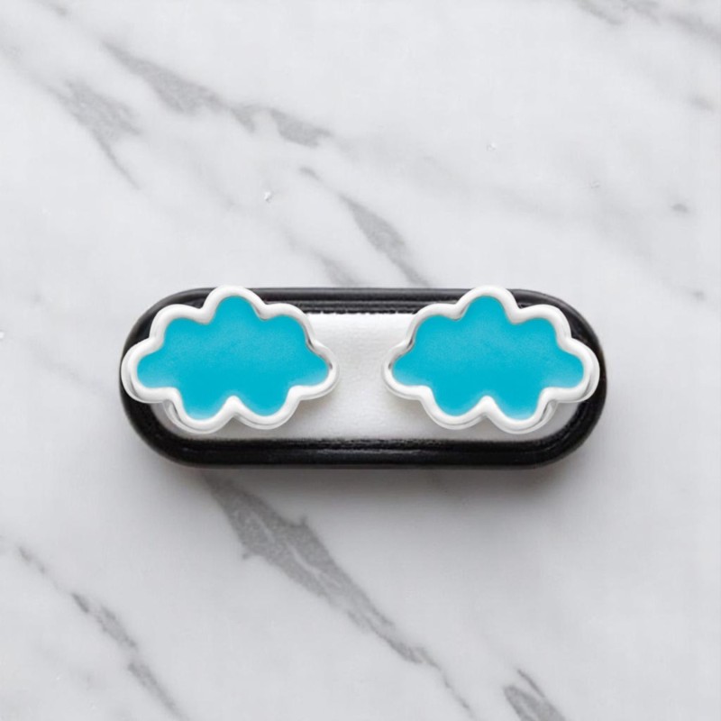 Boucles d'oreilles nuage émail coloré bleu Argent 925 Rhodié