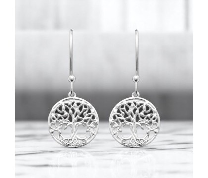 Boucles d'oreilles arbre de vie à feuilles médaille ronde Argent 925 Rhodié