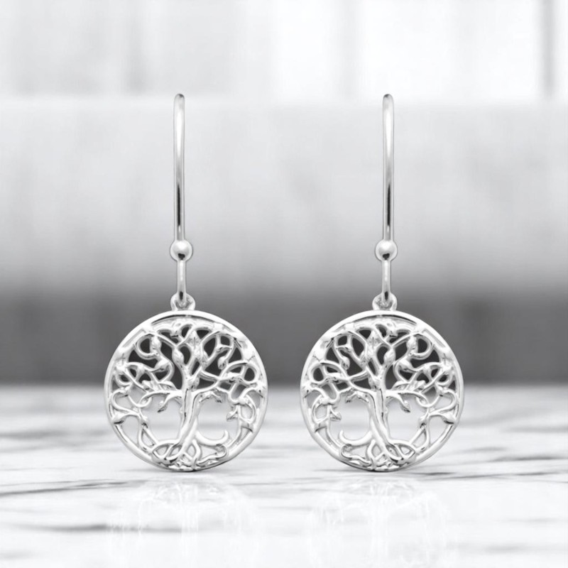 Boucles d'oreilles arbre de vie à feuilles médaille ronde Argent 925 Rhodié