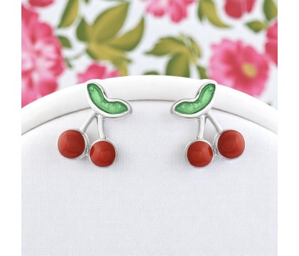 Boucles d'oreilles cerise émail rouge et vert Argent 925 Rhodié