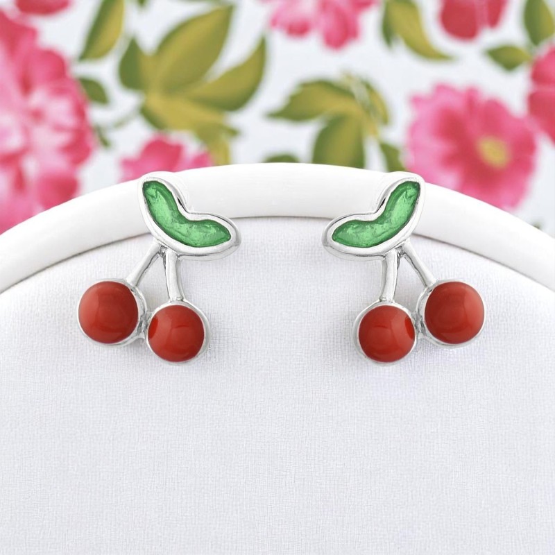 Boucles d'oreilles cerise émail rouge et vert Argent 925 Rhodié