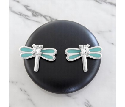 Boucles d'oreilles libellule émail bleu turquoise et oxyde de zirconium Argent 925 Rhodié
