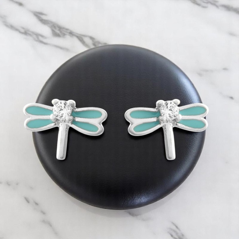 Boucles d'oreilles libellule émail bleu turquoise et oxyde de zirconium Argent 925 Rhodié