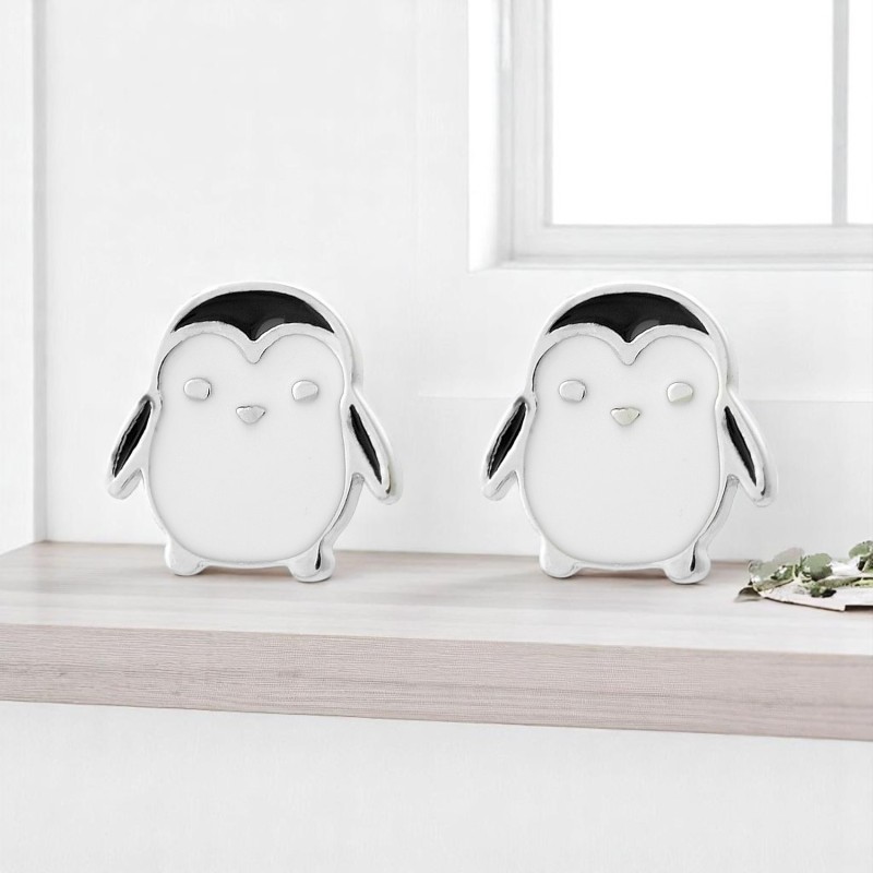 Boucles d'oreilles pingouin émail coloré blanc et noir Argent 925 Rhodié