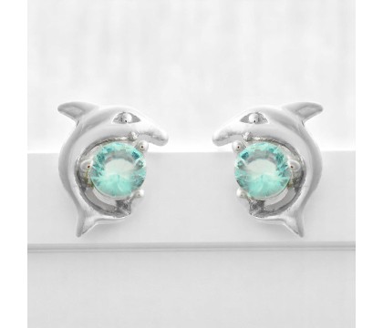 Boucles d'oreilles dauphin cristal bleu turquoise Argent 925 Rhodié