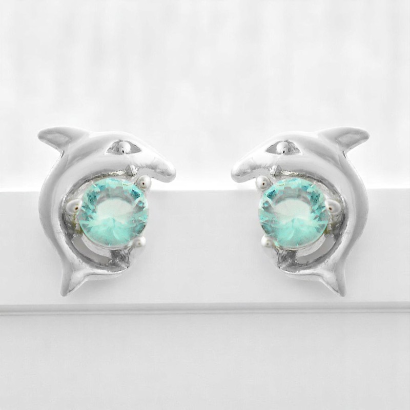 Boucles d'oreilles dauphin cristal bleu turquoise Argent 925 Rhodié