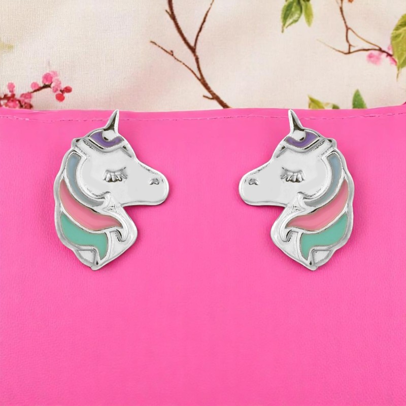 Boucles d'oreilles tête de licorne émail coloré Argent 925 Rhodié