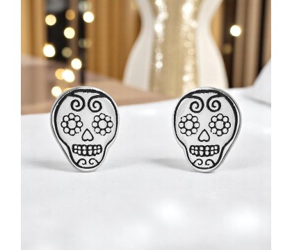 Boucles d'oreilles tête de mort mexicaine fleuri cavalera Argent 925 Rhodié
