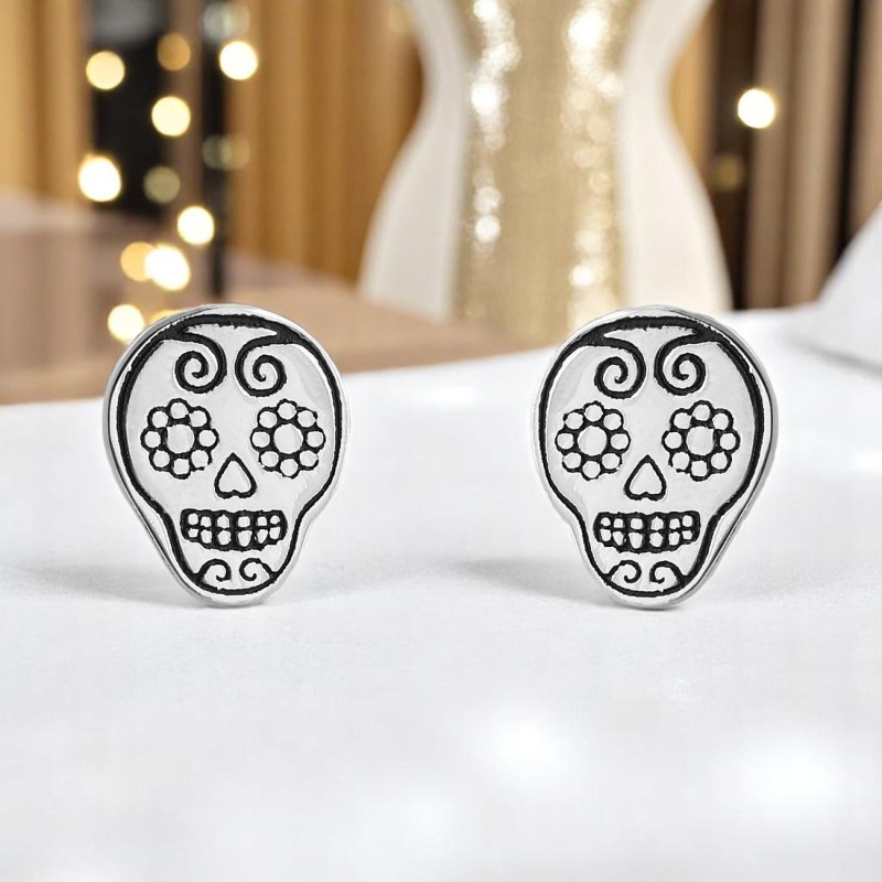 Boucles d'oreilles tête de mort mexicaine fleuri cavalera Argent 925 Rhodié