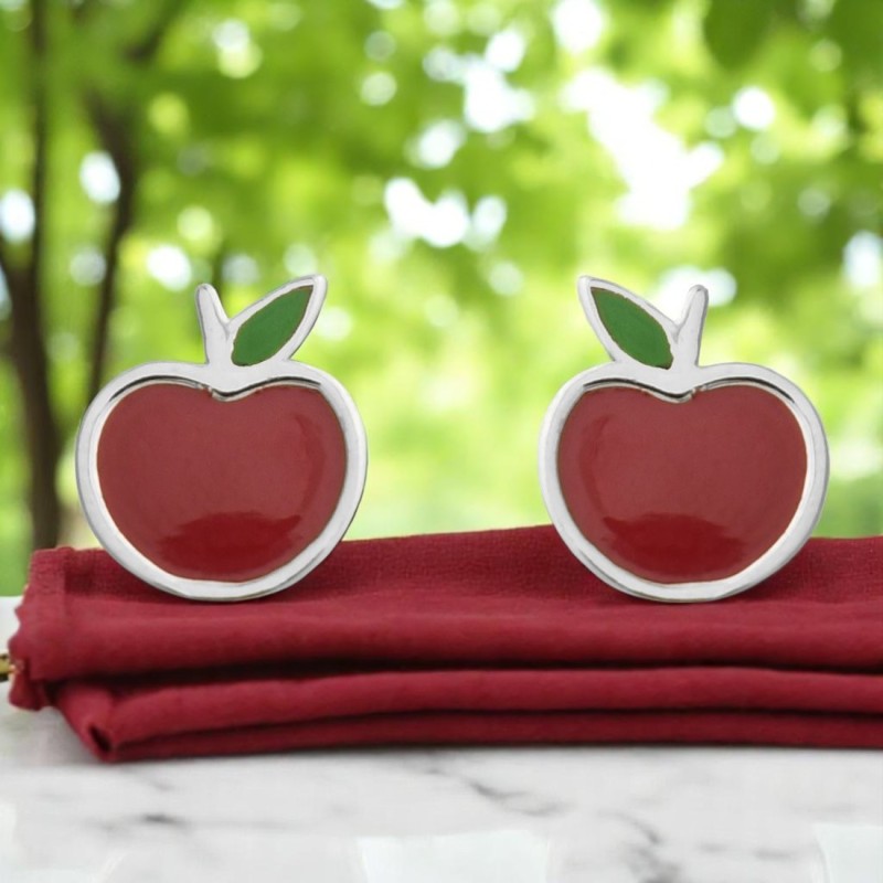 Boucles d'oreilles pomme émail coloré rouge et vert Argent 925 Rhodié