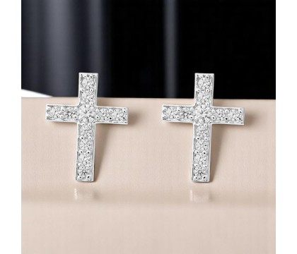 Boucles d'oreilles croix sertie d'oxydes de zirconium Argent 925 Rhodié