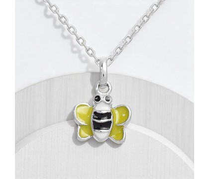 Collier petite abeille émail jaune, noir et blanc Argent 925 Rhodié