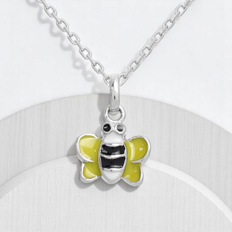 Collier petite abeille émail jaune, noir et blanc Argent 925 Rhodié