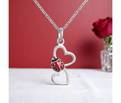 Collier 2 coeurs coccinelle émail rouge et noir Argent 925 Rhodié