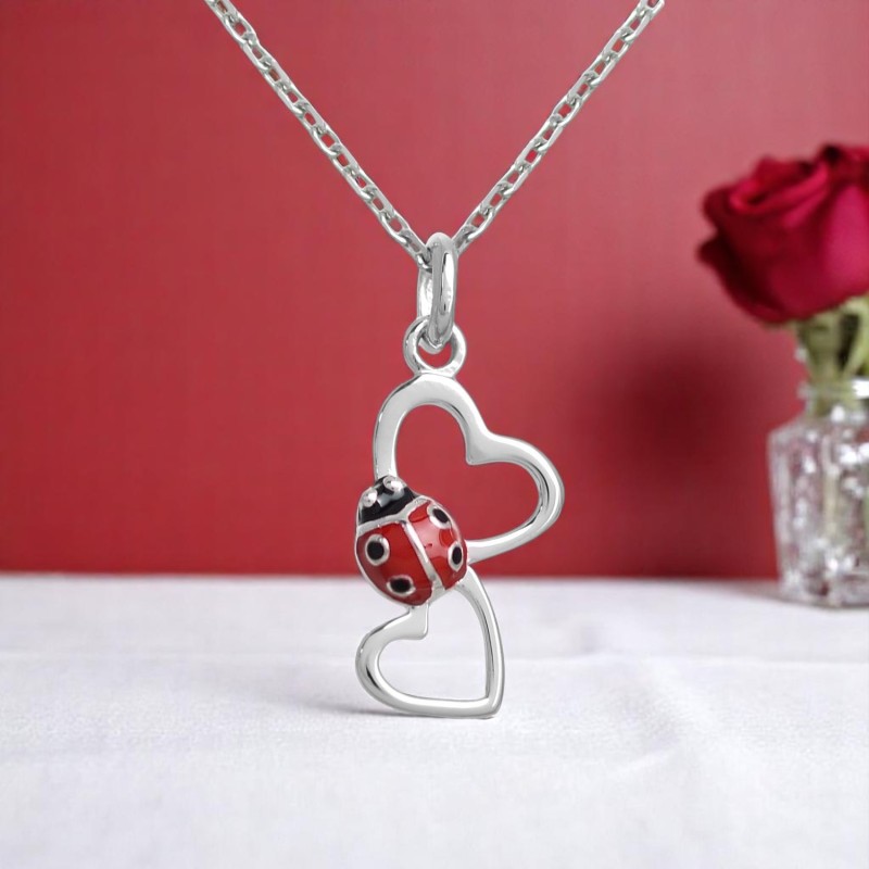 Collier 2 coeurs coccinelle émail rouge et noir Argent 925 Rhodié