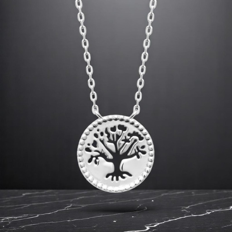 Collier arbre de vie ciselé ajouré dans un cercle Argent 925 Rhodié Collier arbre de vie ciselé ajouré dans un cercle Argent 925 Rhodié