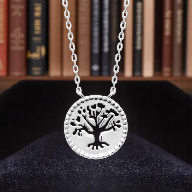 Collier arbre de vie ciselé ajouré dans un cercle Argent 925 Rhodié Collier arbre de vie ciselé ajouré dans un cercle Argent 925 Rhodié