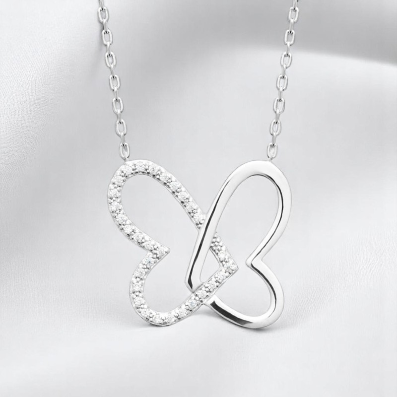 Collier 2 coeurs oxydes de zirconium Argent 925 Rhodié