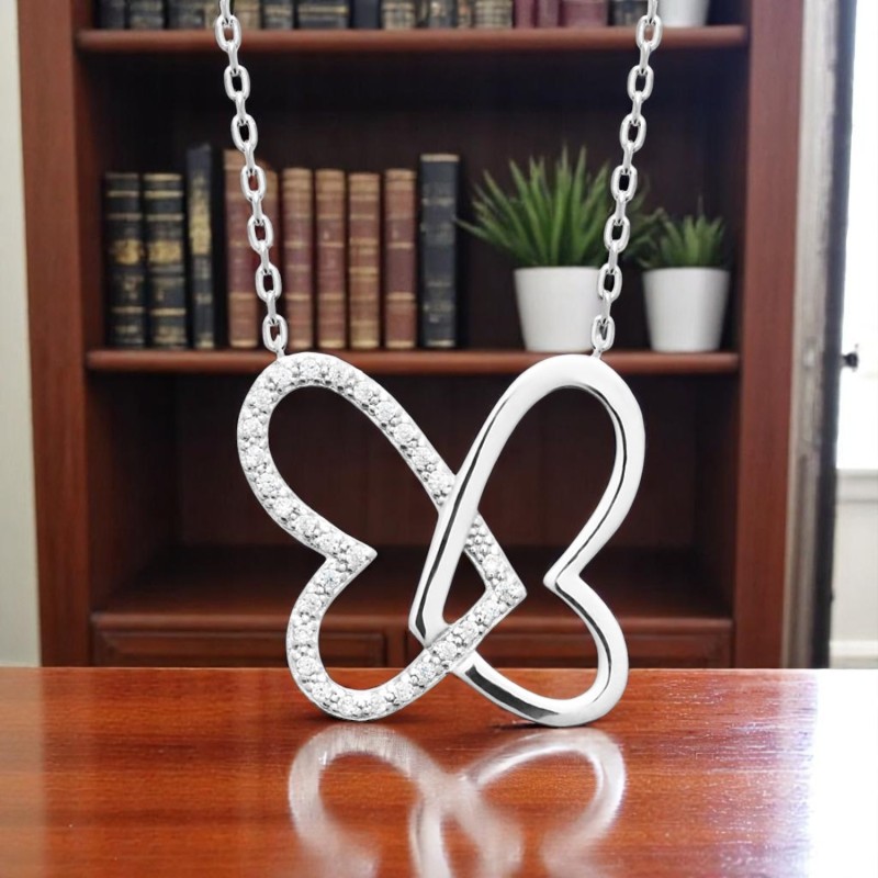 Collier 2 coeurs oxydes de zirconium Argent 925 Rhodié