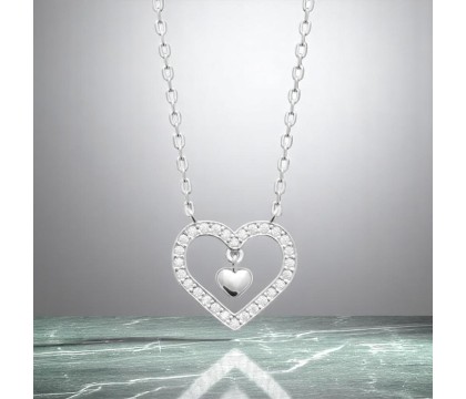 Collier coeur serti d'oxydes de zirconium et coeur pendant Argent 925 Rhodié