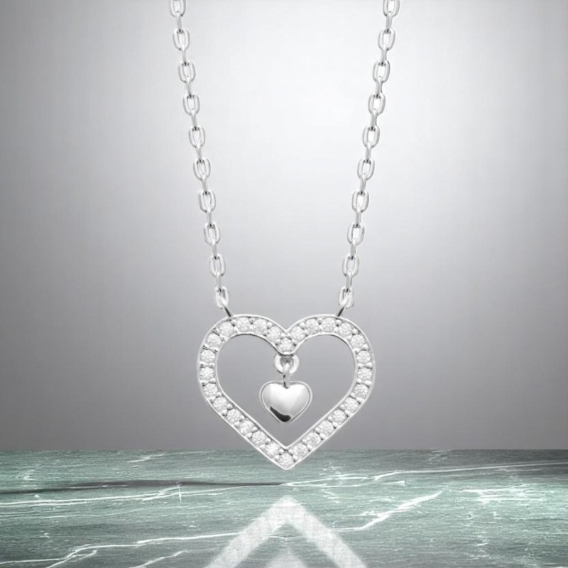 Collier coeur serti d'oxydes de zirconium et coeur pendant Argent 925 Rhodié