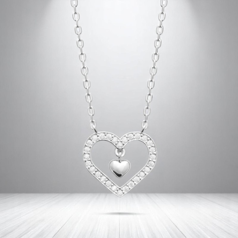 Collier coeur serti d'oxydes de zirconium et coeur pendant Argent 925 Rhodié