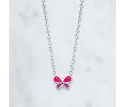 Collier papillon émail coloré rose et violet Argent 925 Rhodié