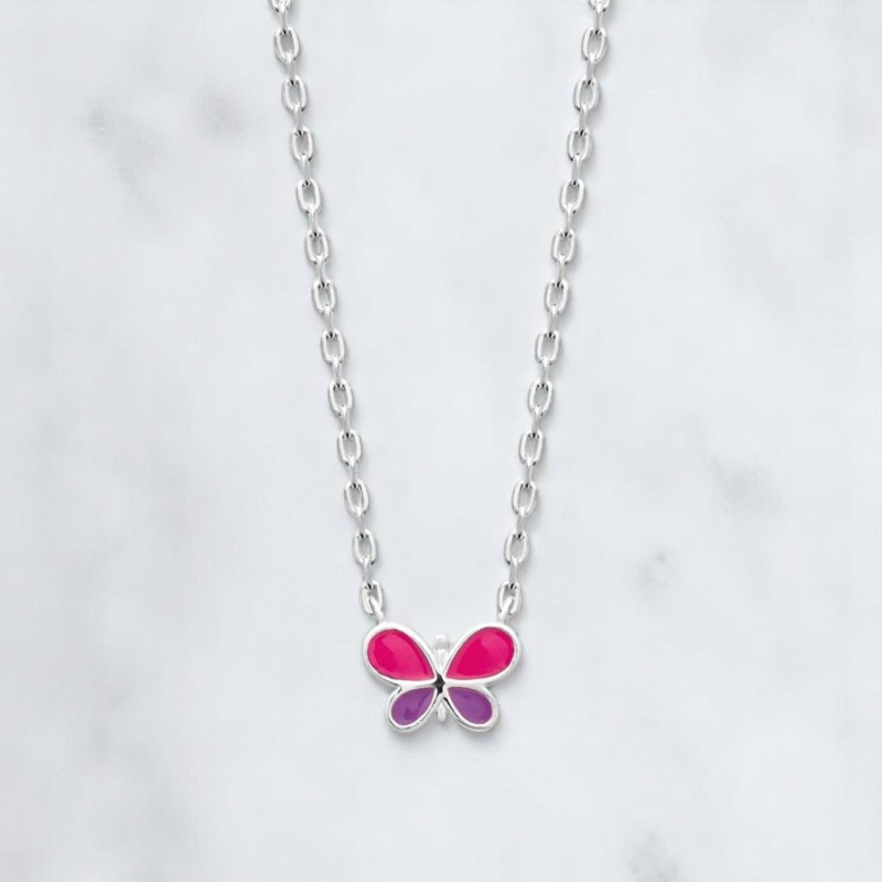 Collier papillon émail coloré rose et violet Argent 925 Rhodié