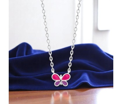 Collier papillon émail coloré rose et violet Argent 925 Rhodié