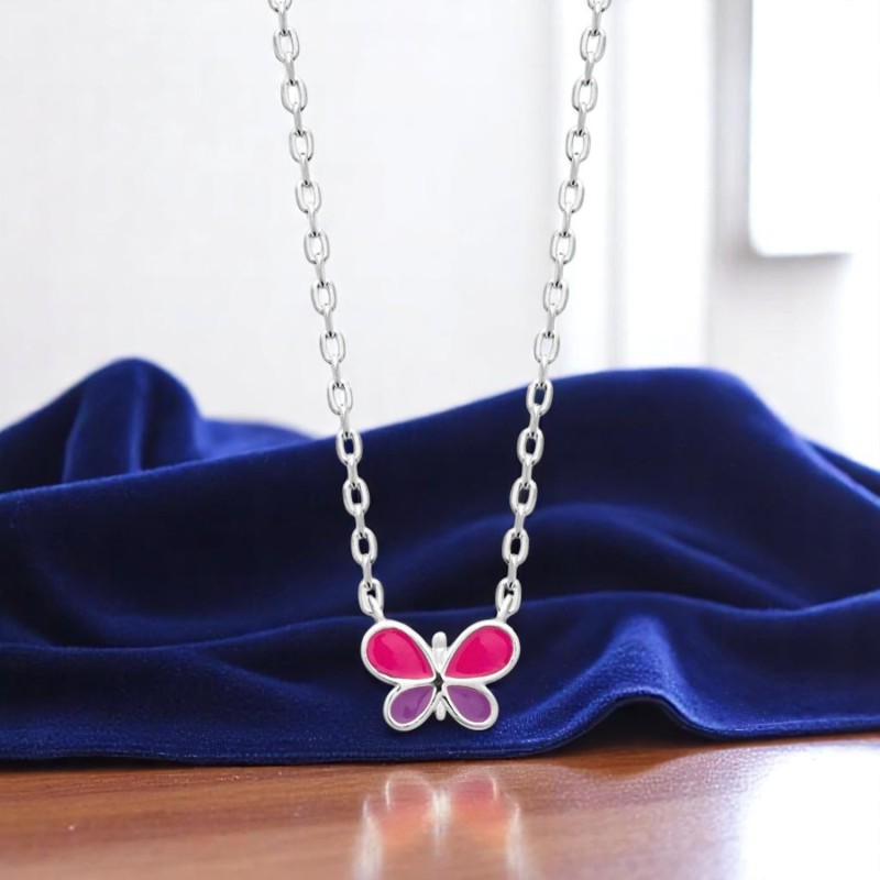 Collier papillon émail coloré rose et violet Argent 925 Rhodié