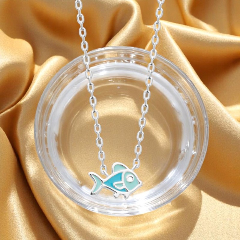 Collier poisson émail coloré bleu Argent 925 Rhodié Collier poisson émail coloré bleu Argent 925 Rhodié
