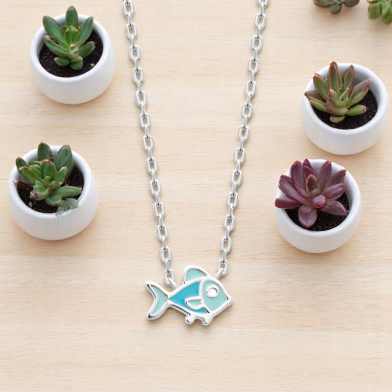Collier poisson émail coloré bleu Argent 925 Rhodié Collier poisson émail coloré bleu Argent 925 Rhodié