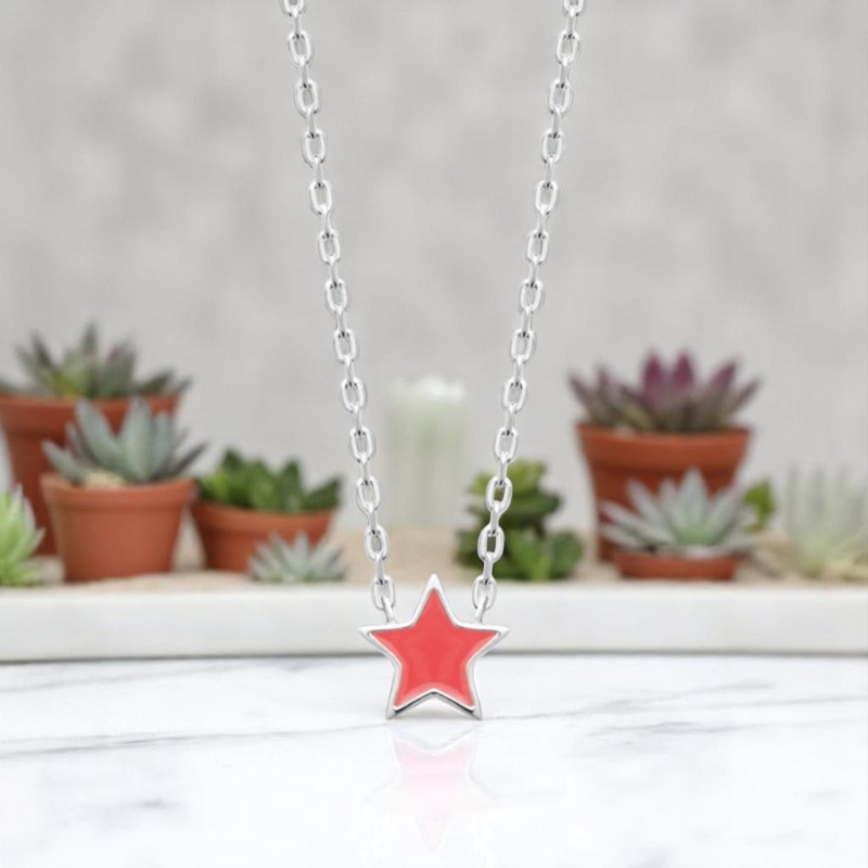Collier étoile émail coloré rose Argent 925 Rhodié Collier étoile émail coloré rose Argent 925 Rhodié