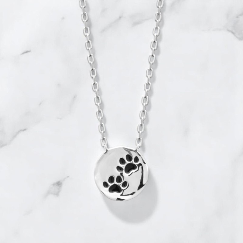 Collier patte de chien chat coussinet émail coloré noir Argent 925 Rhodié