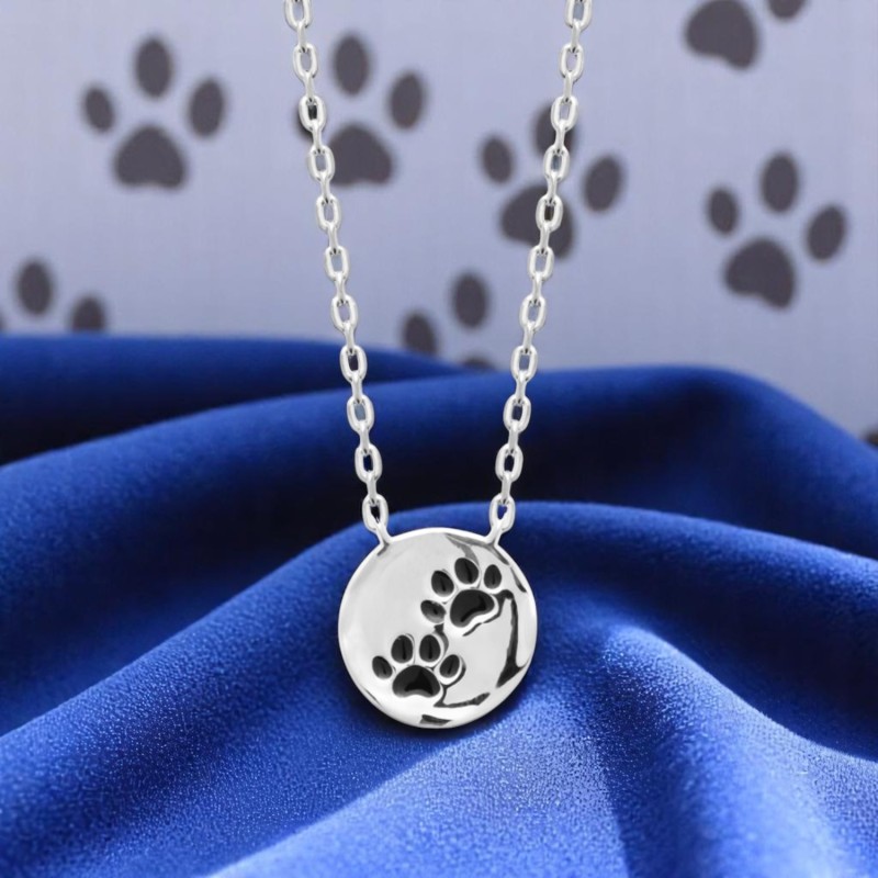 Collier patte de chien chat coussinet émail coloré noir Argent 925 Rhodié
