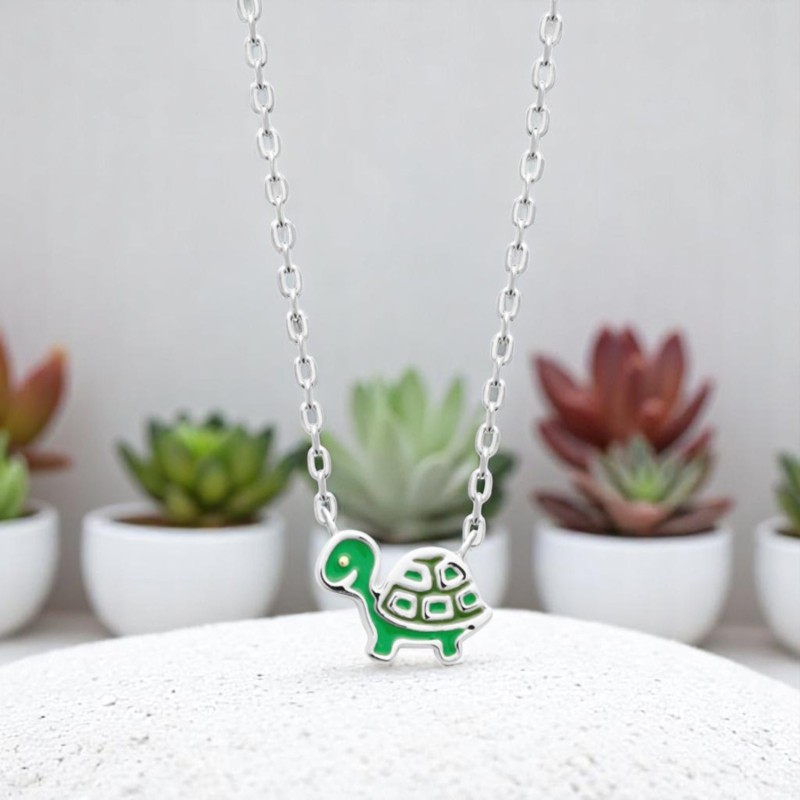 Collier tortue émail coloré vert Argent 925 Rhodié Collier tortue émail coloré vert Argent 925 Rhodié