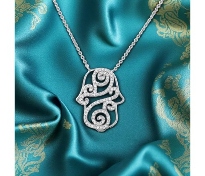 Collier main de Fatma arabesque d'oxydes de zirconiums Argent 925 Rhodié