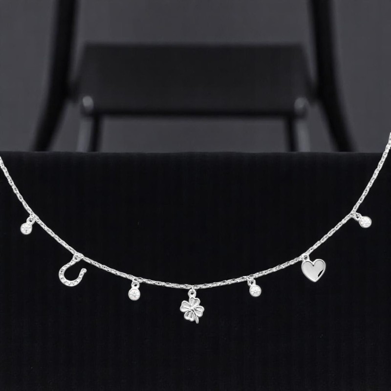 Collier porte bonheur chance coeur trèfle fer à cheval et oxydes de zirconiums Argent 925 Rhodié Collier porte bonheur chance coeur trèfle fer à cheval et oxydes de zirconiums Argent 925 Rhodié
