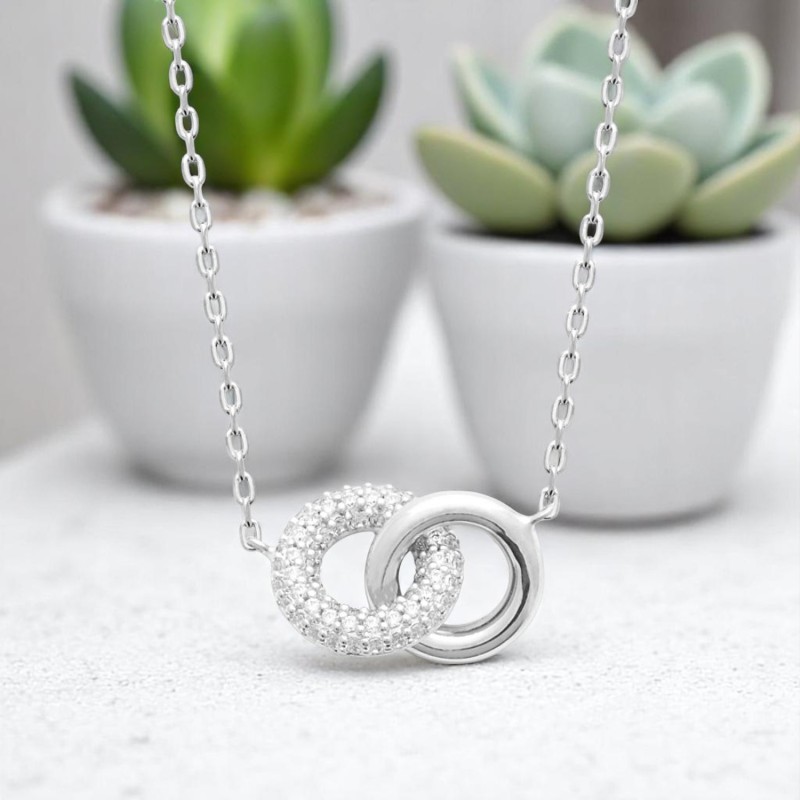 Collier 2 anneaux enlacés oxydes de zirconiums Argent 925 Rhodié