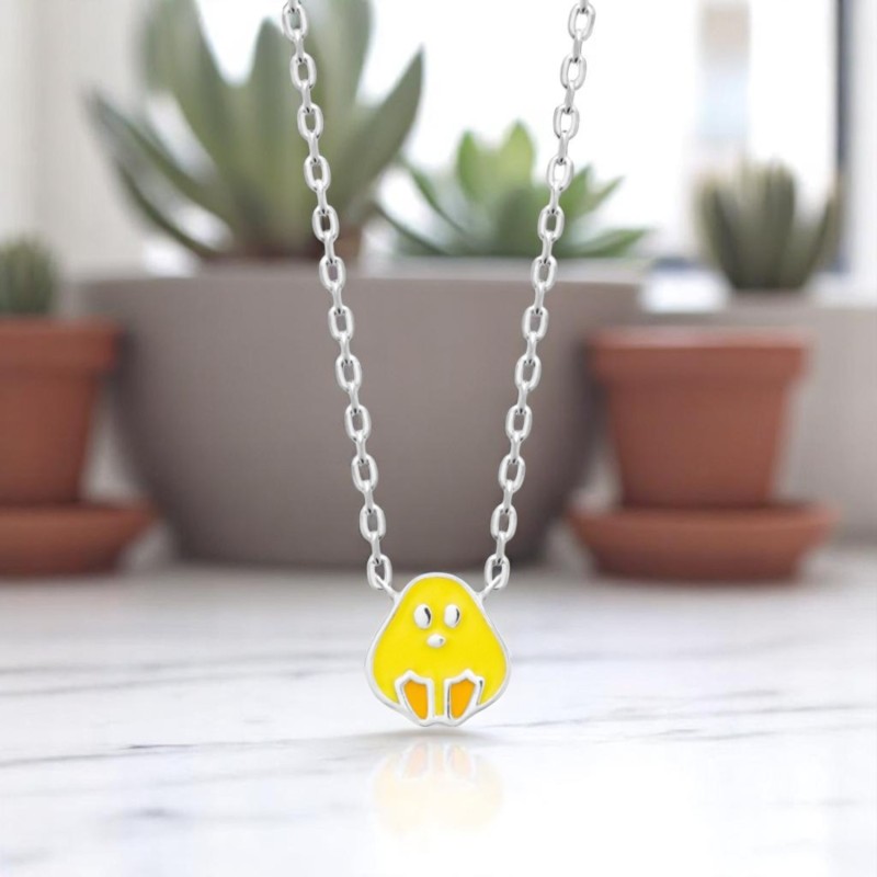 Collier poussin émail coloré jaune et orange Argent 925 Rhodié Collier poussin émail coloré jaune et orange Argent 925 Rhodié