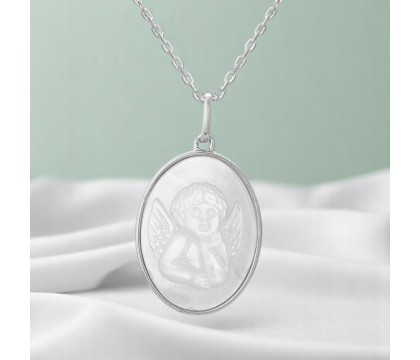 Collier médaille ange baptême ovale de nacre Argent 925 Rhodié