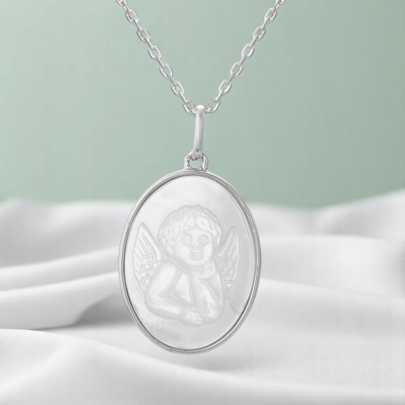 Collier médaille ange baptême ovale de nacre Argent 925 Rhodié