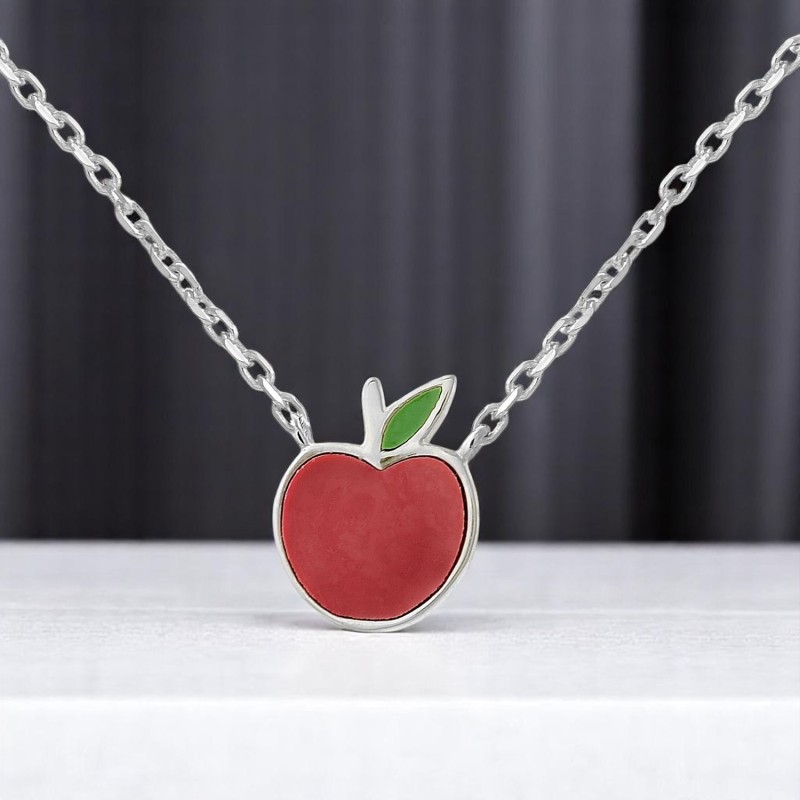 Collier pomme émail coloré rouge et vert Argent 925 Rhodié