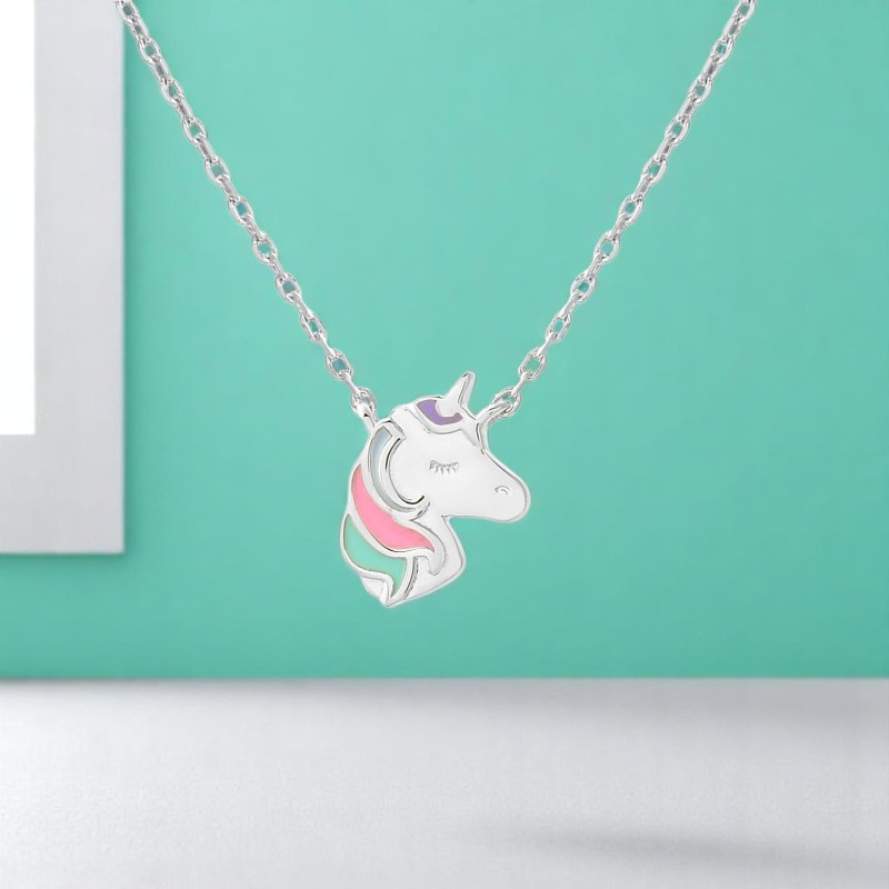 Collier tête de licorne émail coloré Argent 925 Rhodié